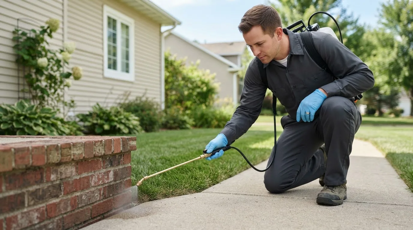 Pest control technician treating a home near Websterville, VT