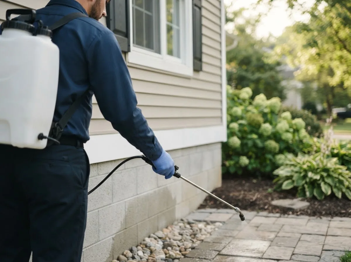 Pest control technician inspecting a home in Websterville, VT